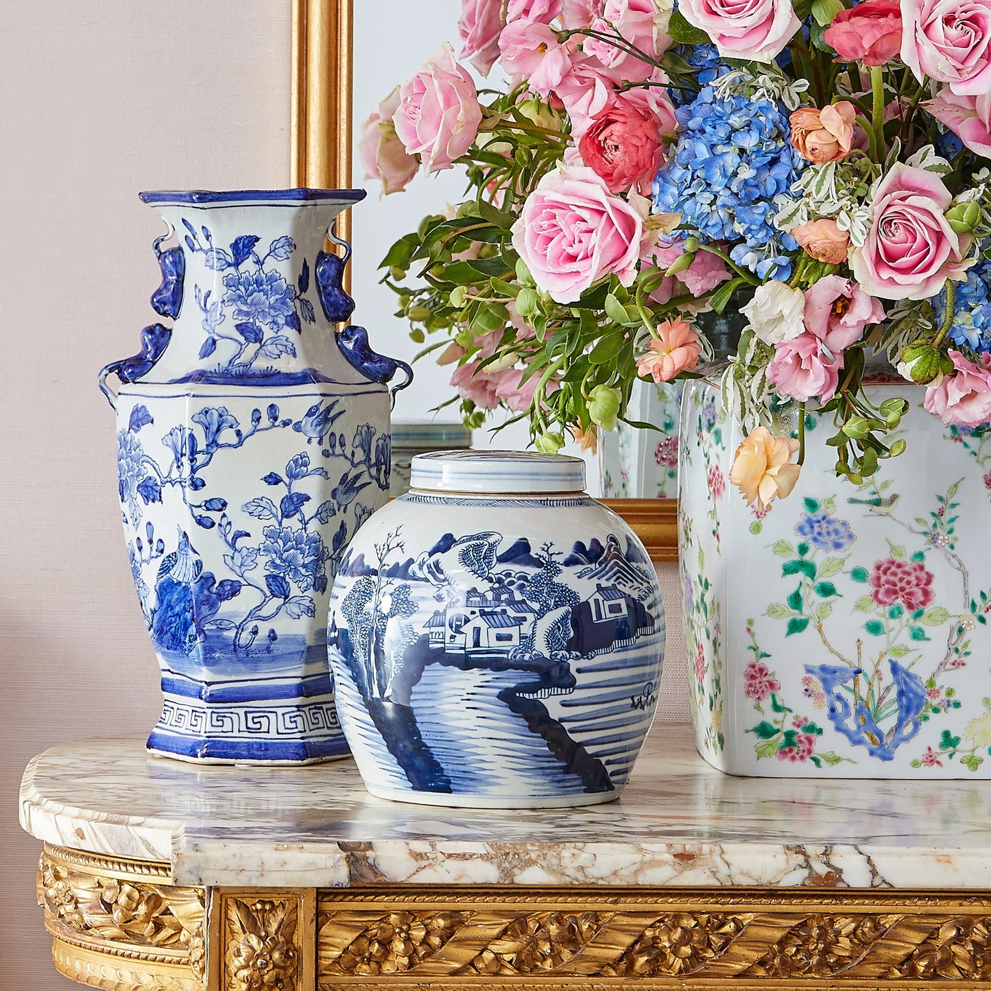 Blue Floral Hex Vase