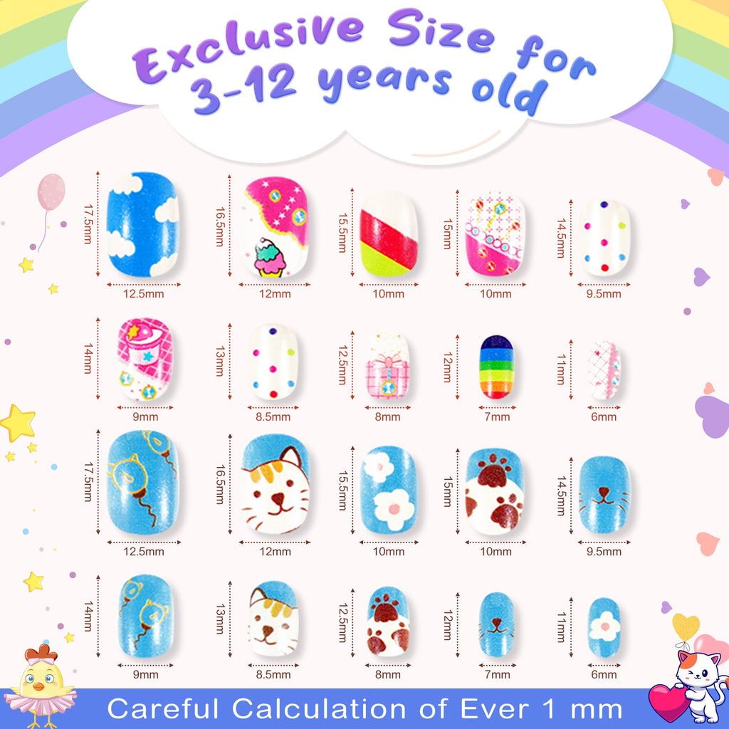 Aliver 288 Pieces Fake Press on Nails for Kids,Girls' Cute Nail Art Decoration,Gifts for Aged 3-12 Children,Style A+B