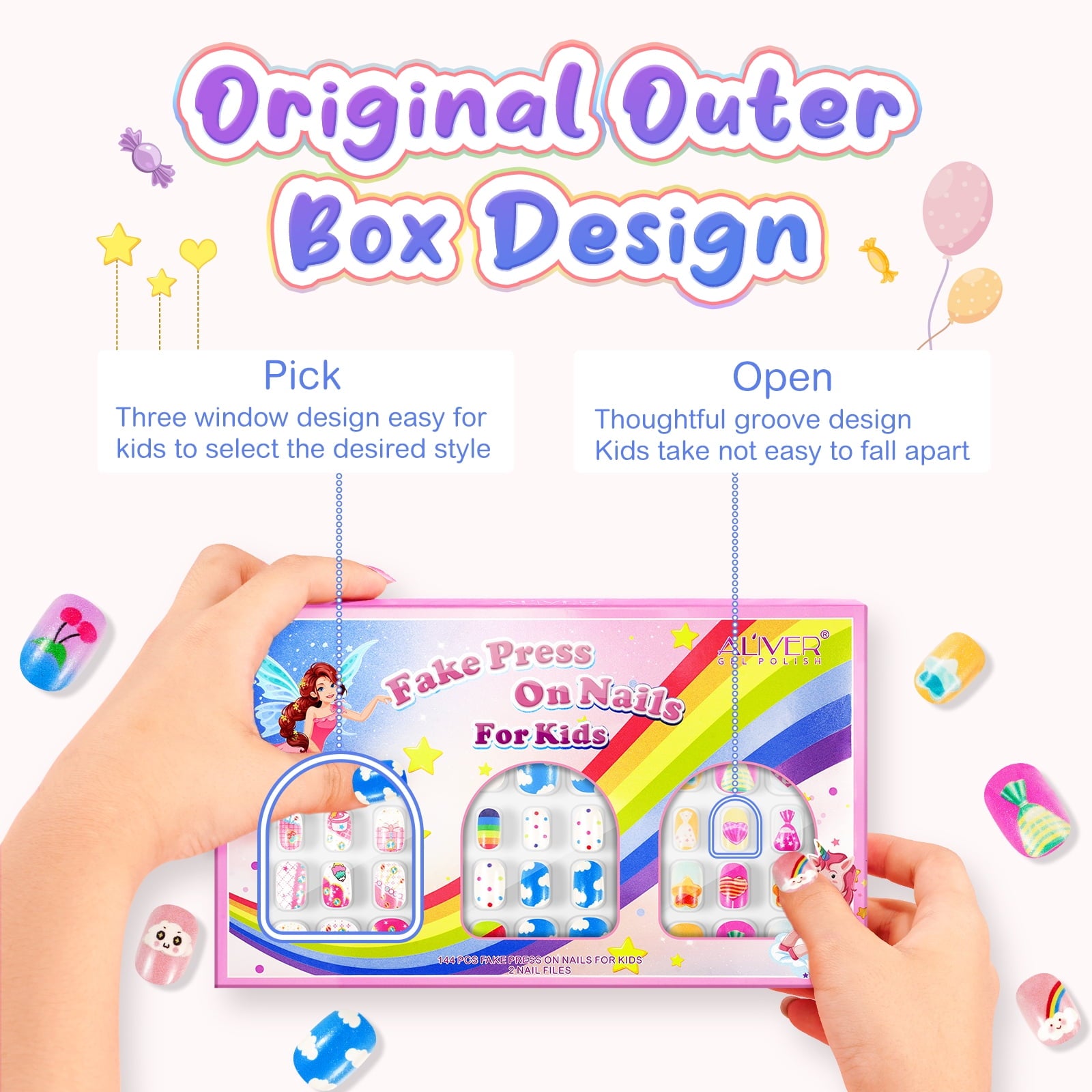 Aliver 288 Pieces Fake Press on Nails for Kids,Girls' Cute Nail Art Decoration,Gifts for Aged 3-12 Children,Style A+B