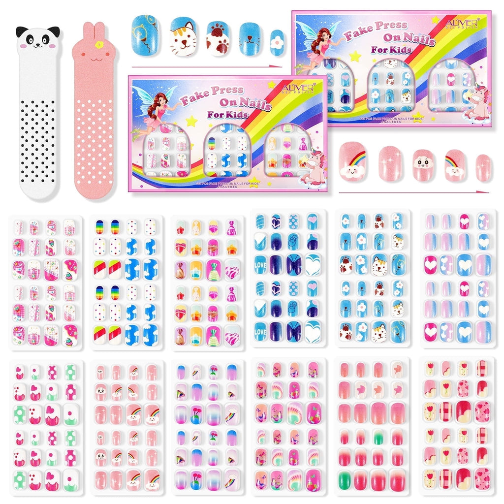 Aliver 288 Pieces Fake Press on Nails for Kids,Girls' Cute Nail Art Decoration,Gifts for Aged 3-12 Children,Style A+B