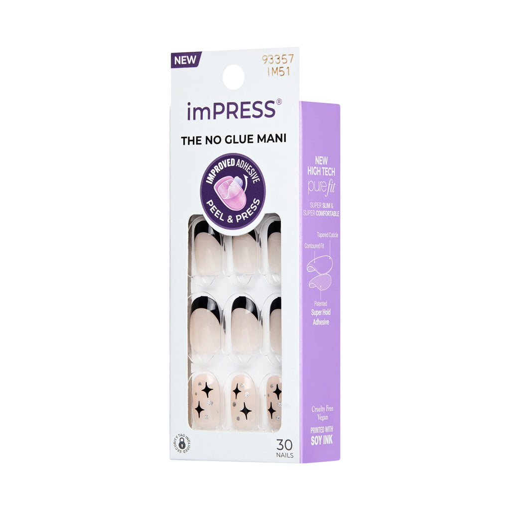 KISS imPRESS Design  Press on Nails, Gold Ring, Black, Short Oval, 30 Count
