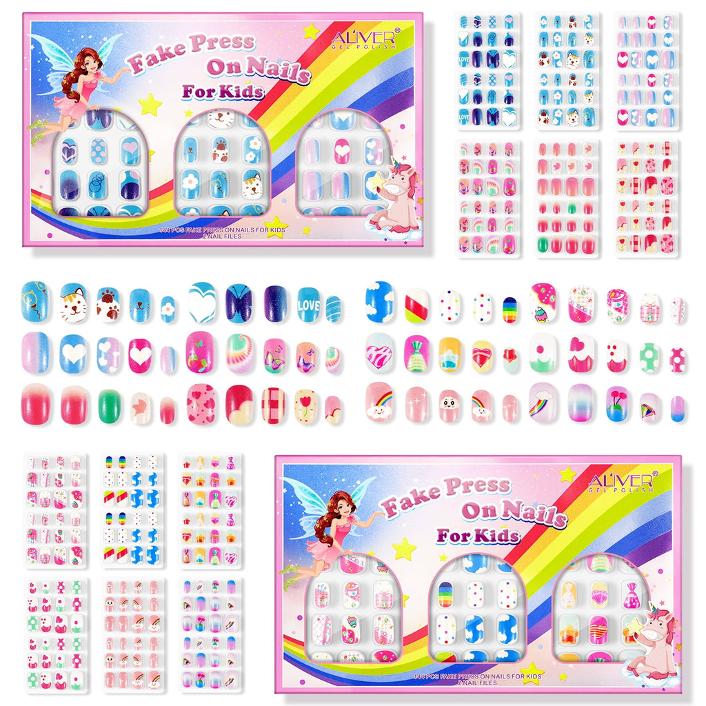 Aliver 288 Pieces Fake Press on Nails for Kids,Girls' Cute Nail Art Decoration,Gifts for Aged 3-12 Children,Style A+B