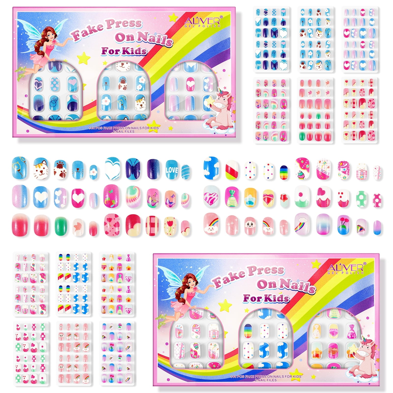 Aliver 288 Pieces Fake Press on Nails for Kids,Girls' Cute Nail Art Decoration,Gifts for Aged 3-12 Children,Style A+B