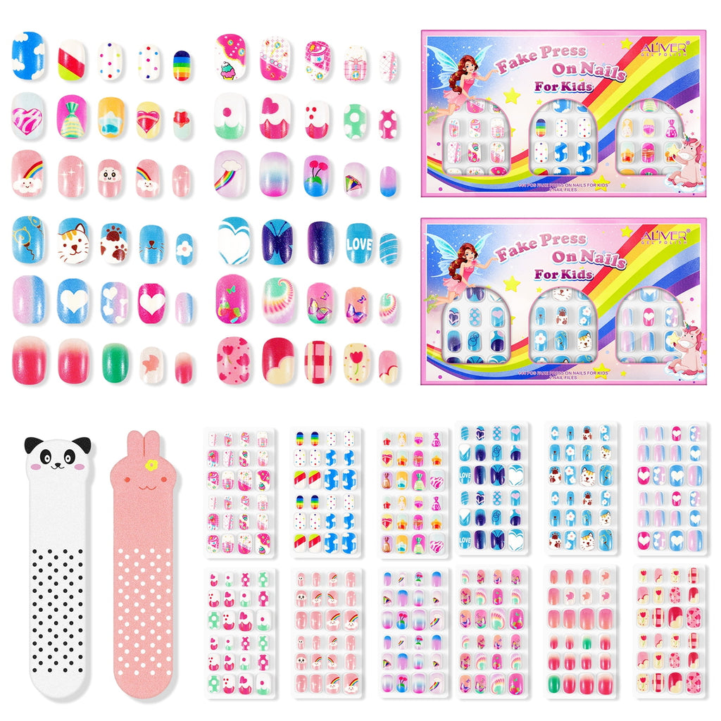 Aliver 288 Pieces Fake Press on Nails for Kids,Girls' Cute Nail Art Decoration,Gifts for Aged 3-12 Children,Style A+B