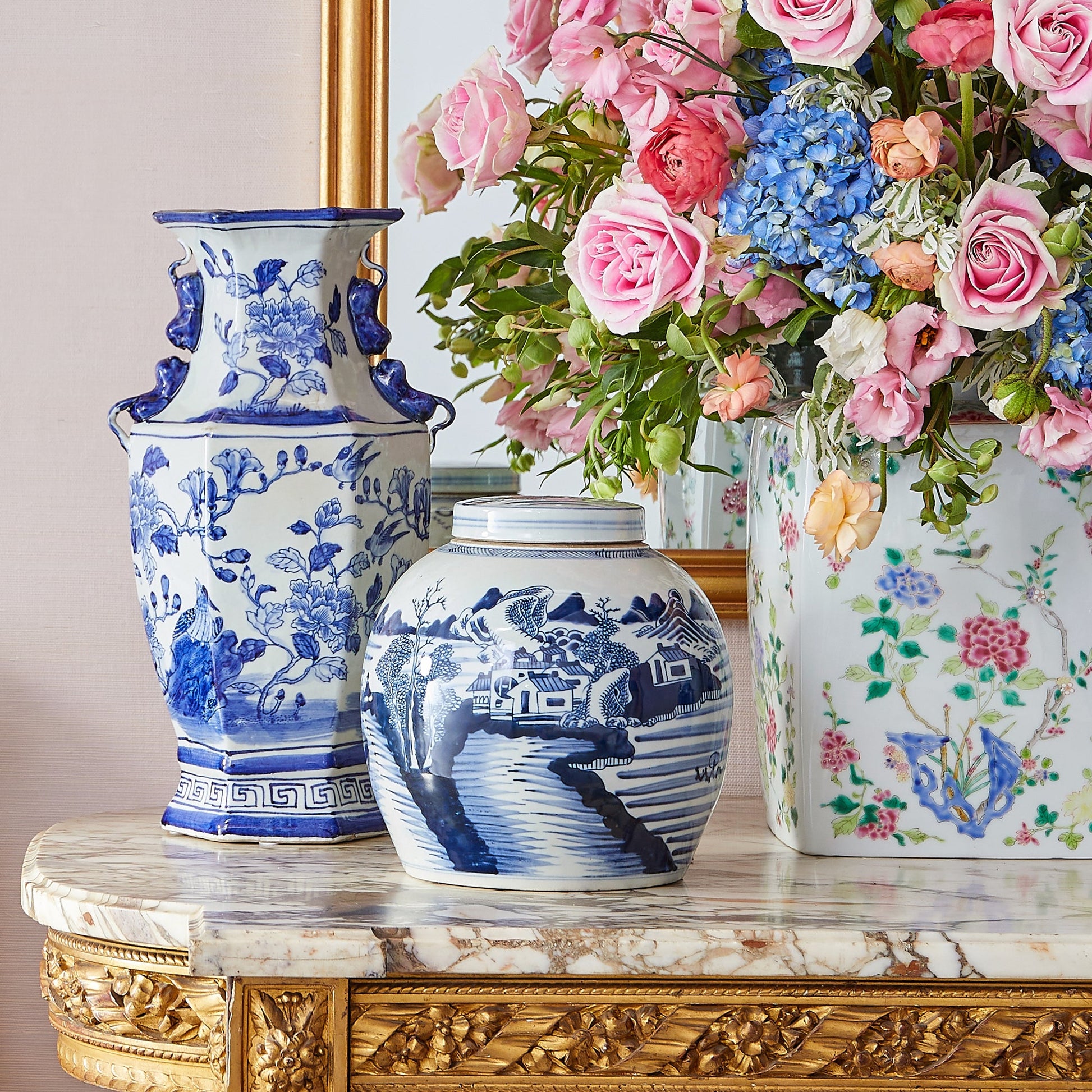 Blue Floral Hex Vase