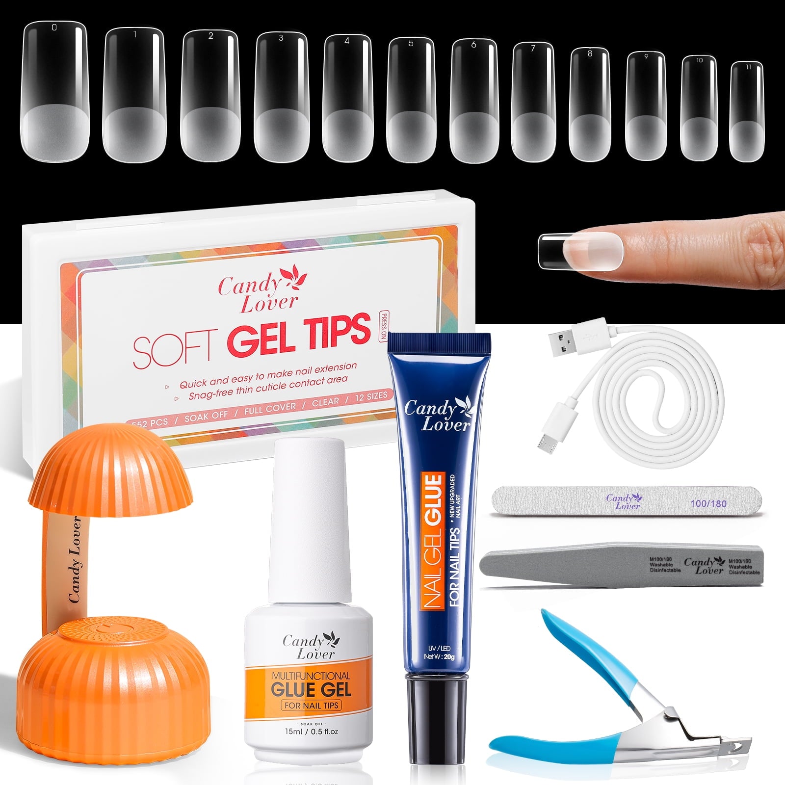 Candy Lover Clear Medium Almond Fake Nail Tips for Press on Nails, 552Pcs Soft Gel Tips for Nail Extensions Full Cover Pre-shaped 12 Sizes Clear False Nails for Nail Art