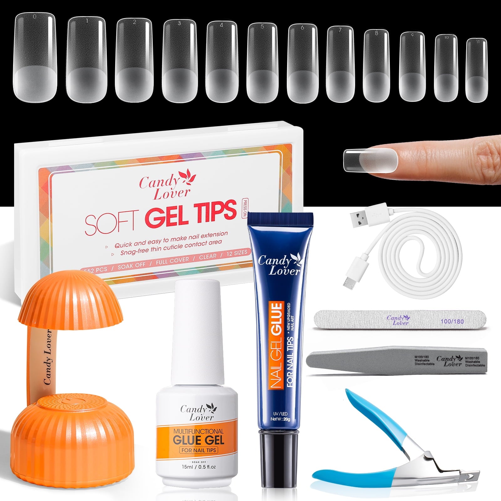 Candy Lover Clear Medium Almond Fake Nail Tips for Press on Nails, 552Pcs Soft Gel Tips for Nail Extensions Full Cover Pre-shaped 12 Sizes Clear False Nails for Nail Art