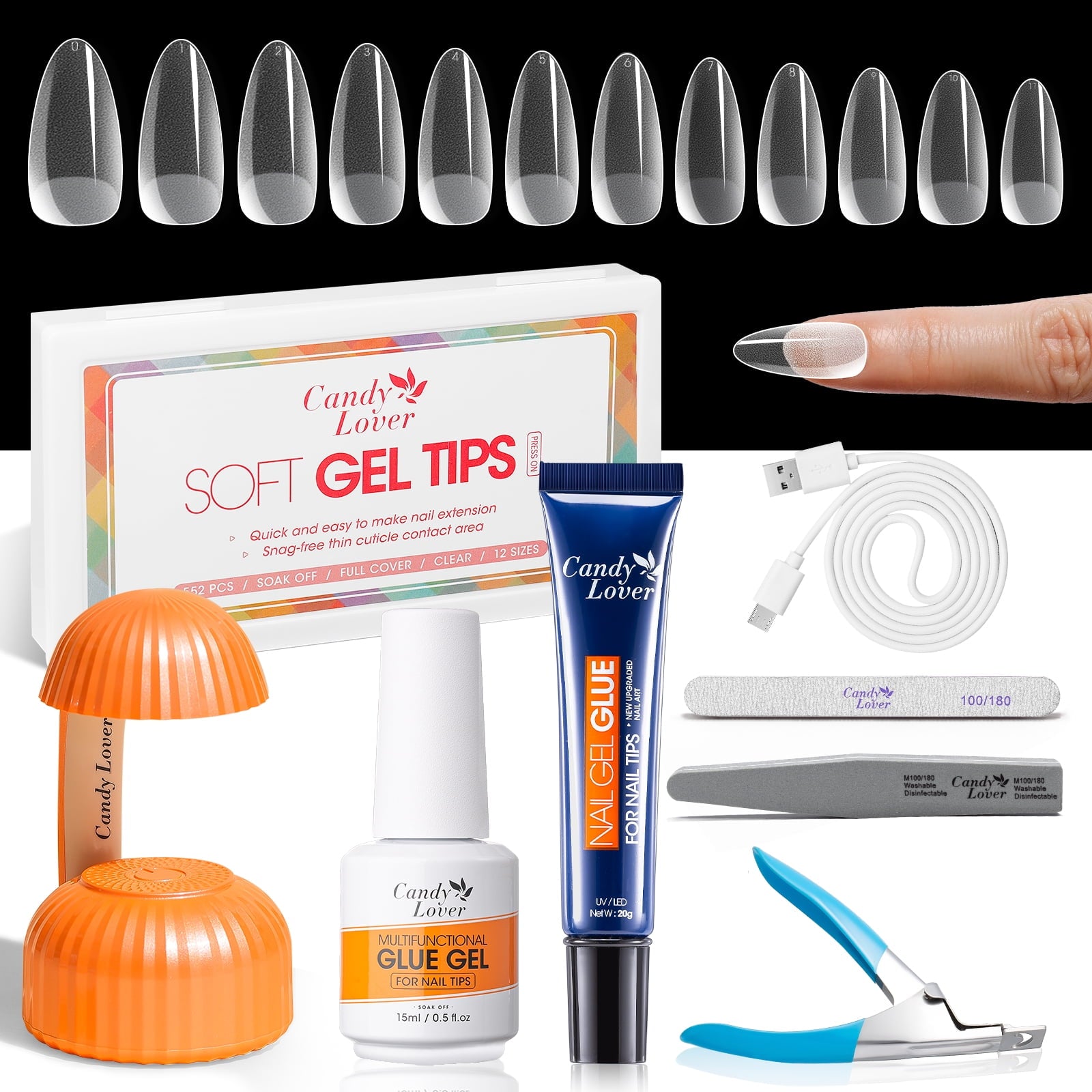 Candy Lover Clear Medium Almond Fake Nail Tips for Press on Nails, 552Pcs Soft Gel Tips for Nail Extensions Full Cover Pre-shaped 12 Sizes Clear False Nails for Nail Art