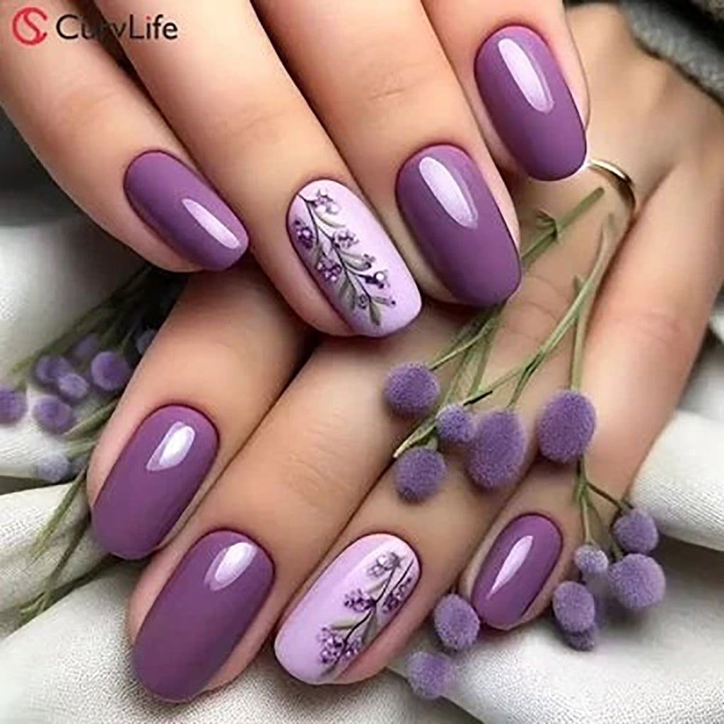CurvLife Lavender Press-On Nails - 24PCS Oval, Mysterious Floral Design, Non-Toxic & Reusable, Salon Quality