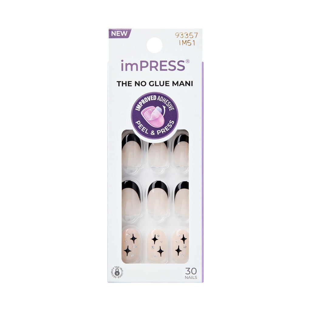 KISS imPRESS Design  Press on Nails, Gold Ring, Black, Short Oval, 30 Count