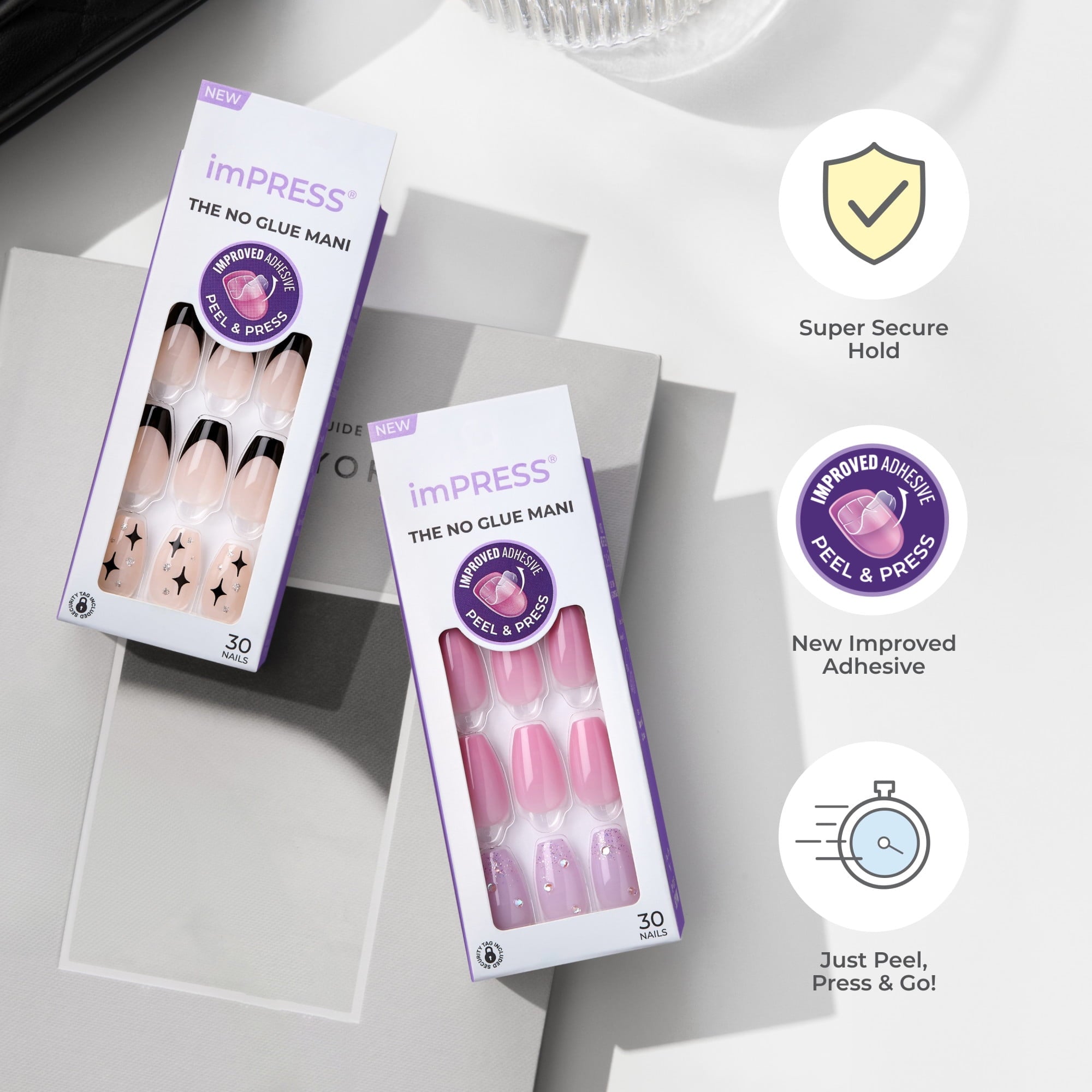 KISS imPRESS Design  Press on Nails, Gold Ring, Black, Short Oval, 30 Count