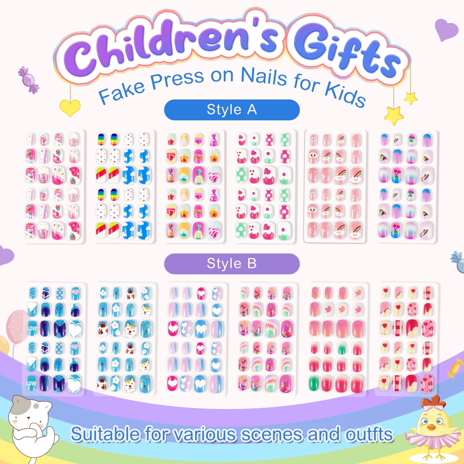 Aliver 288 Pieces Fake Press on Nails for Kids,Girls' Cute Nail Art Decoration,Gifts for Aged 3-12 Children,Style A+B