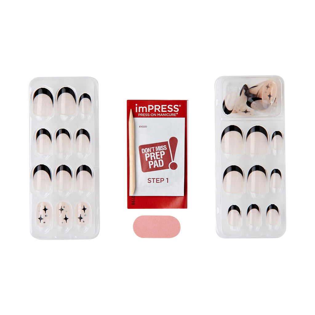 KISS imPRESS Design  Press on Nails, Gold Ring, Black, Short Oval, 30 Count